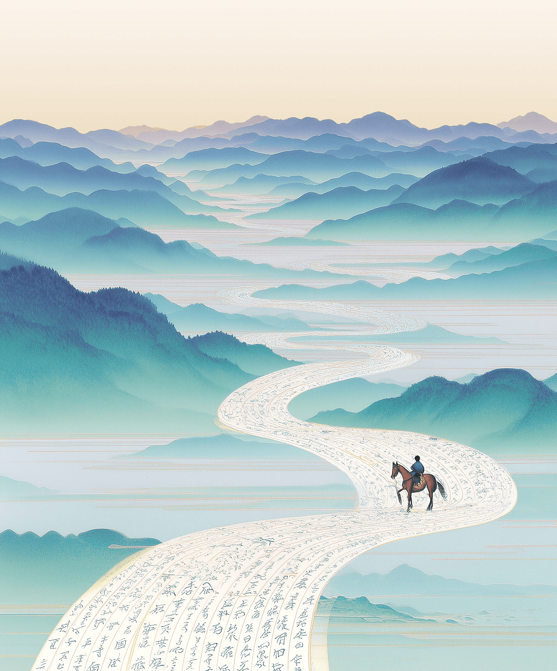 신비로운 산수화 풍경 - 구불구불한 길을 따라 여행하는 모습