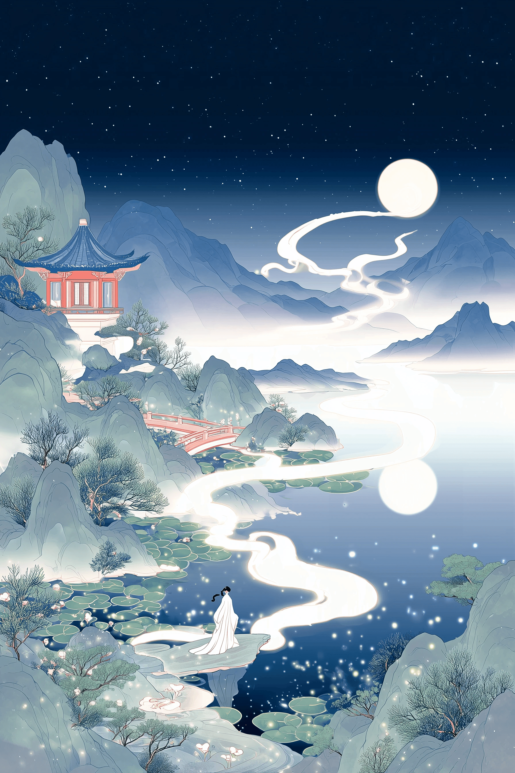 신비로운 동양 풍경 - 달빛 아래 안개 낀 산과 전통 건축물
